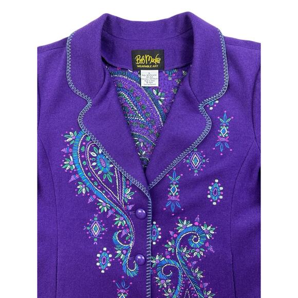 Bob Mackie Blazer Purple Wool Blend Art To Wear Boho Mod Retro Paisley Jacket L - Picture 3 of 10